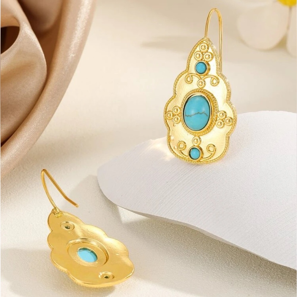 Gold Wash Turkish Turquoise Beads Unique Belly Dance Dangle Boho Geo Earrings
